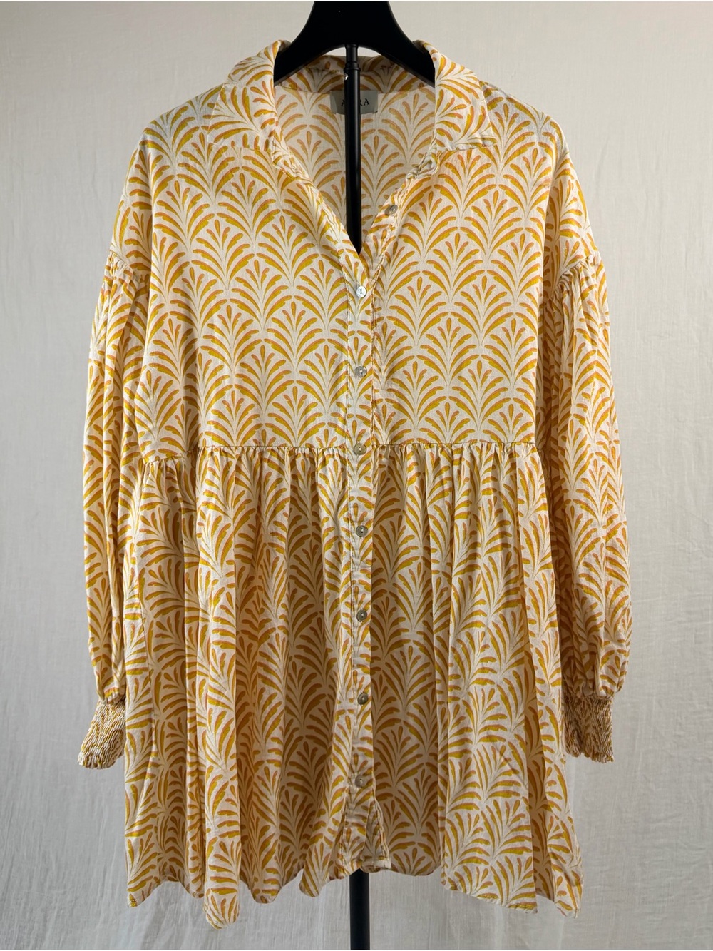 Aura Linen Blend Boho Tunic Dress – Size Large – Mustard & Terracotta Print